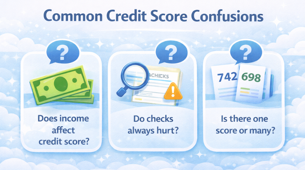 Illustration showing common questions and misunderstandings about credit scores
