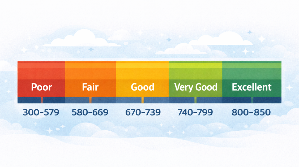 Credit score range chart showing scores from 300 to 850 with poor to excellent categories