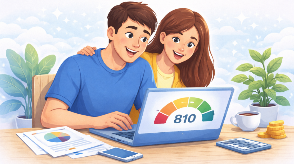 People reviewing a strong credit score, representing positive long-term financial outcomes