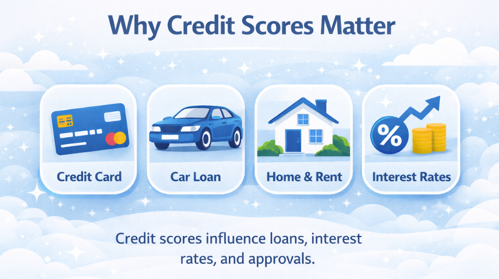 Illustration showing how credit scores affect loans, housing, and interest rates in the U.S.