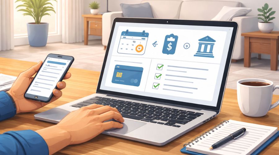 Person setting automatic credit card payments and monthly budget on laptop