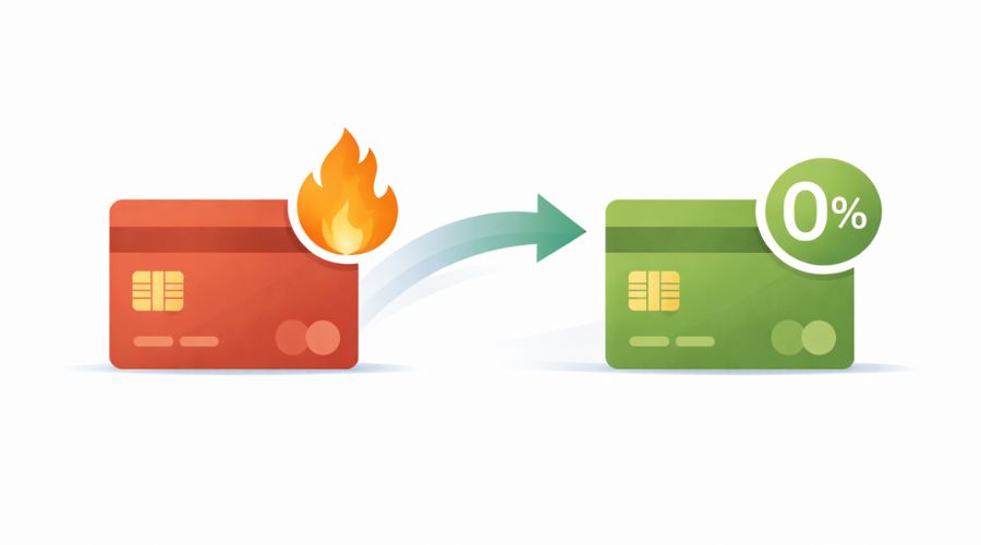 Illustration showing balance transfer from high interest card to zero percent APR card