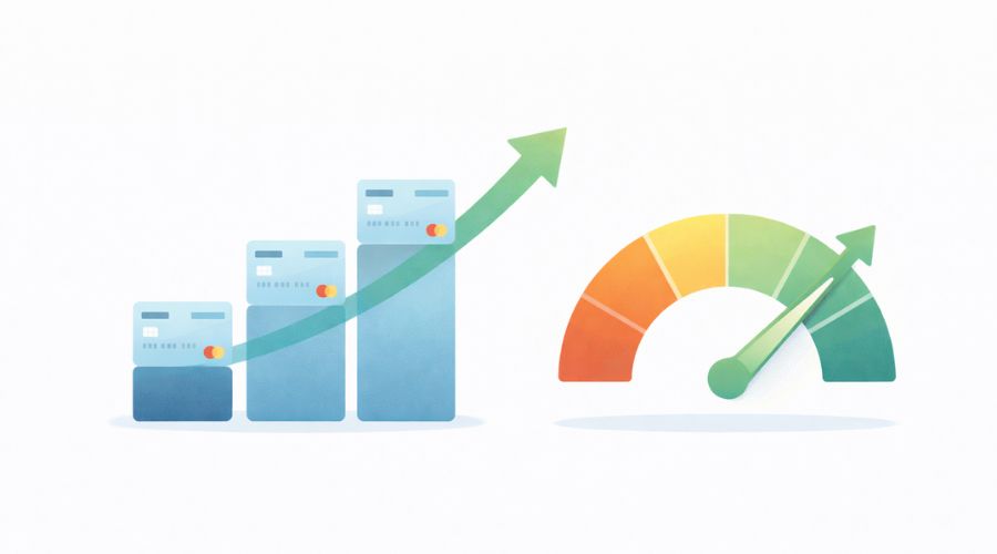 visual showing credit score improving as credit card balances decrease