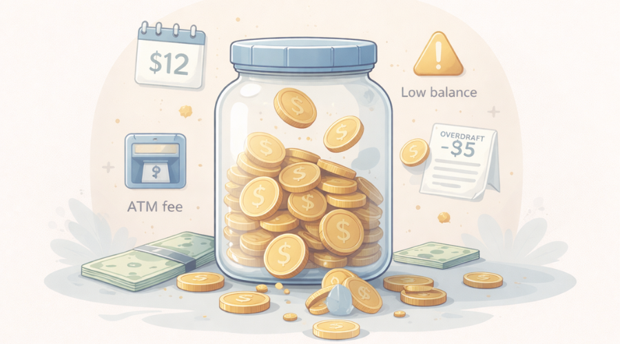 Illustration showing small bank fees slowly reducing savings