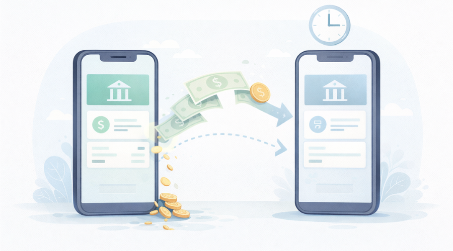 Illustration showing money transferring between bank accounts with delay icons