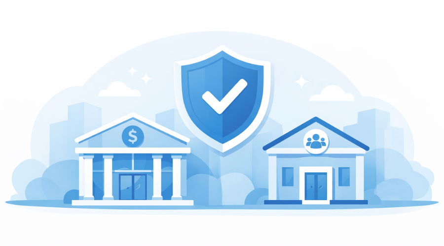 Comparison illustration of bank and credit union savings accounts with insurance protection