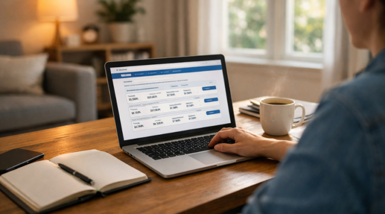 Person reviewing banking and certificate of deposit options on laptop at home in the US