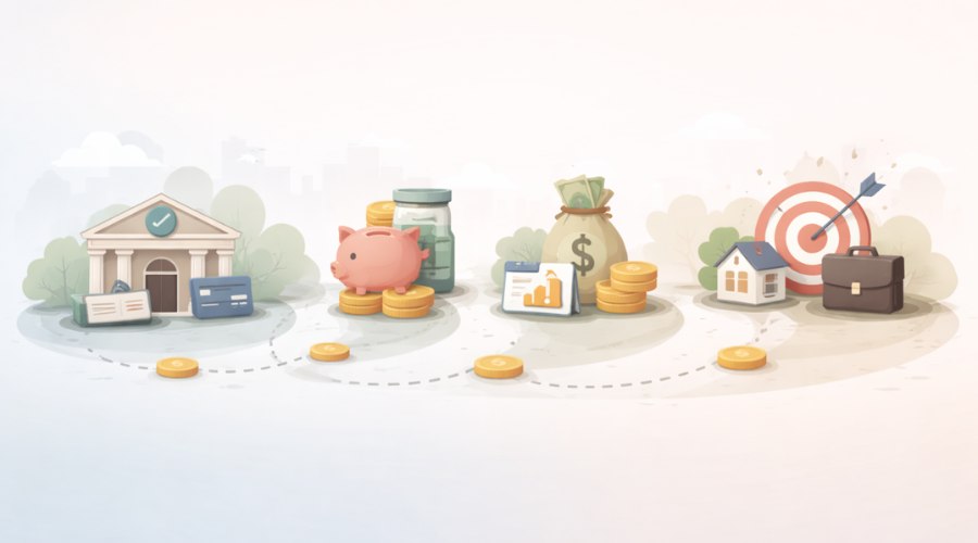 Financial stability path from checking account to savings and future planning