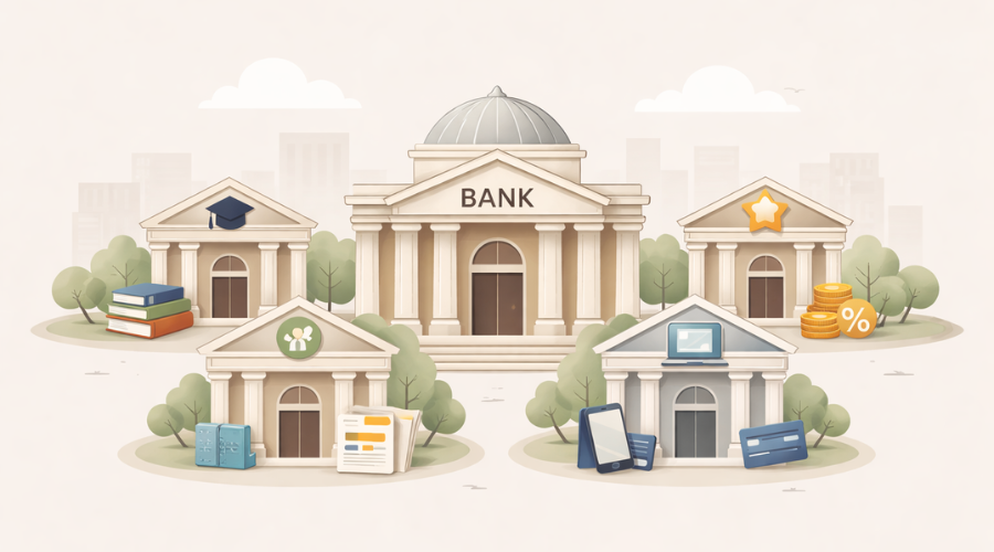 Overview of different checking account types including student, premium, and online banking