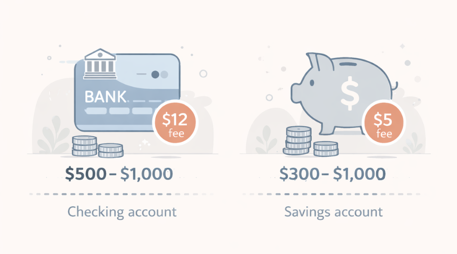 Comparison of checking and savings account fee symbols and balance levels