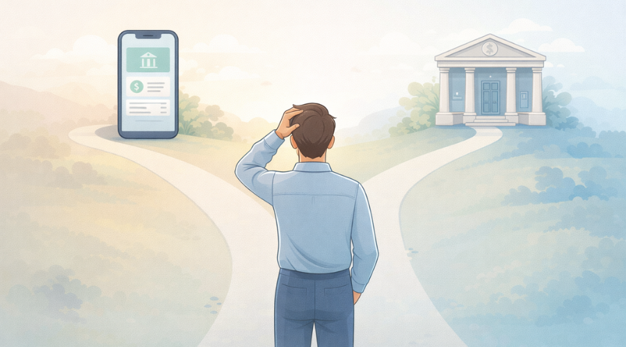 Illustration showing person choosing best bank based on financial needs