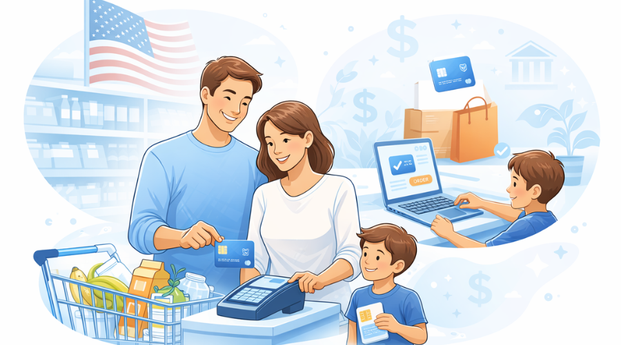 Illustration showing an American family using a credit card for groceries and online shopping in everyday life