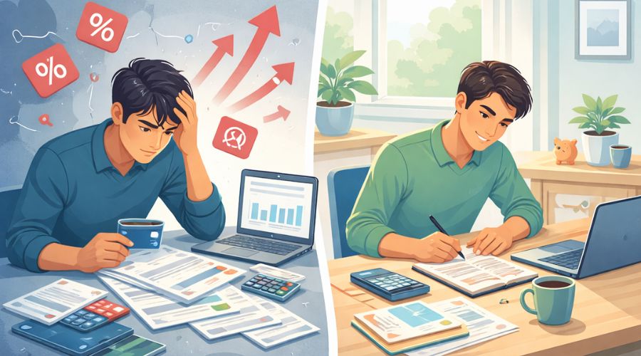 comparison of high credit card interest versus balance transfer relief