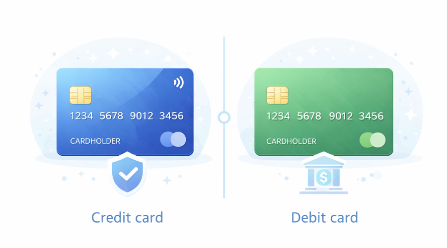 Side by side illustration comparing a credit card and a debit card with differences in protection and funding source
