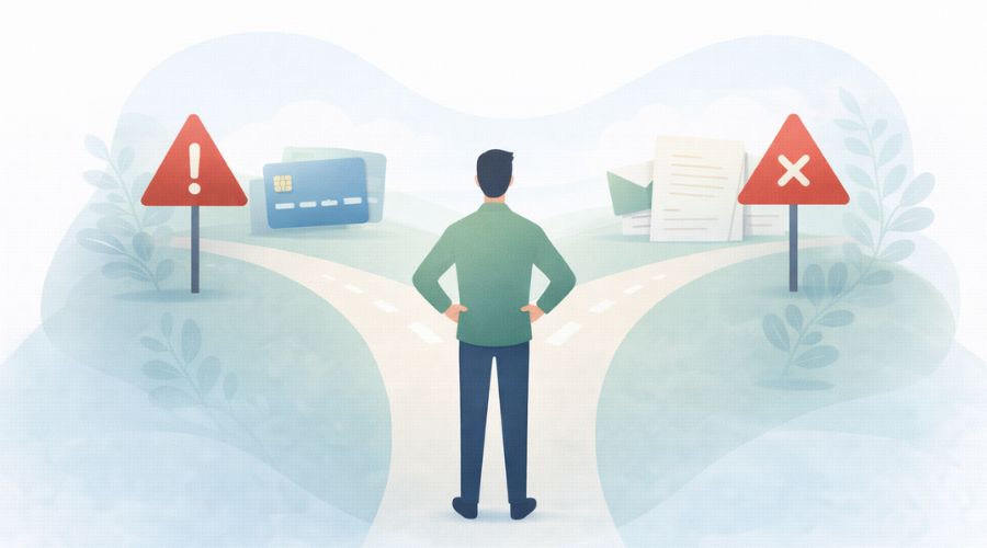 Illustration showing common credit rebuilding mistakes to avoid
