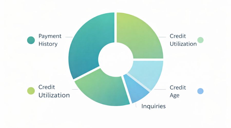 Main factors that affect credit scores including payment history and utilization