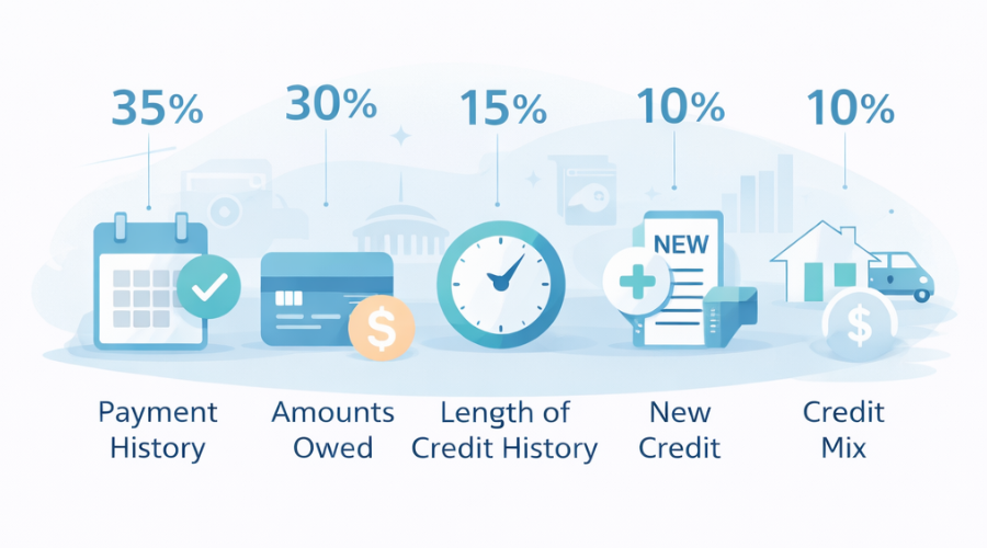 Visual breakdown of credit score factors including payment history and credit utilization