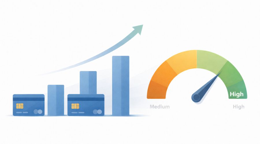 Illustration showing credit score increasing as credit card balances decrease