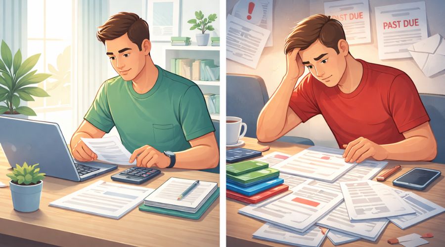 Comparison showing stable income person versus stressed borrower using credit cards