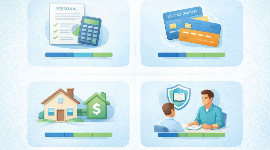 Side-by-side comparison of loan, balance transfer, home equity, and counseling plans