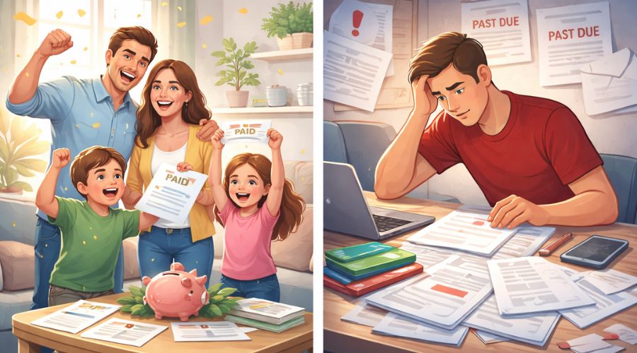 Illustration showing successful and failed debt consolidation outcomes