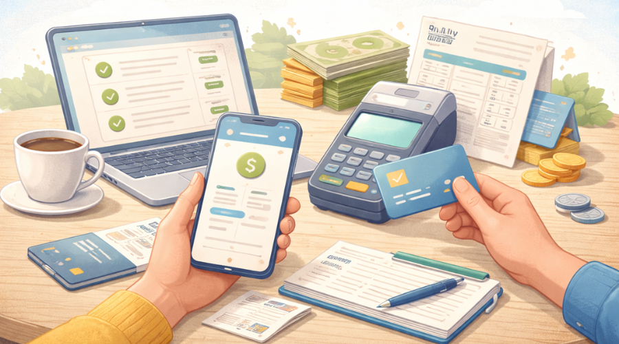 Using a checking account for paying bills and daily expenses with debit card and mobile banking