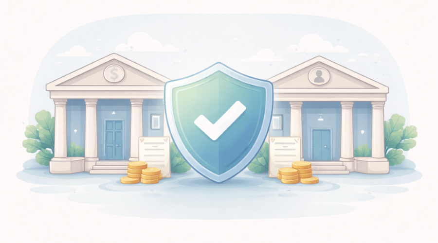 Illustration of protected bank deposits with insurance shield icons
