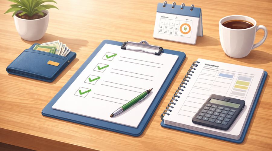 Checklist illustration showing readiness steps before starting debt payoff plan