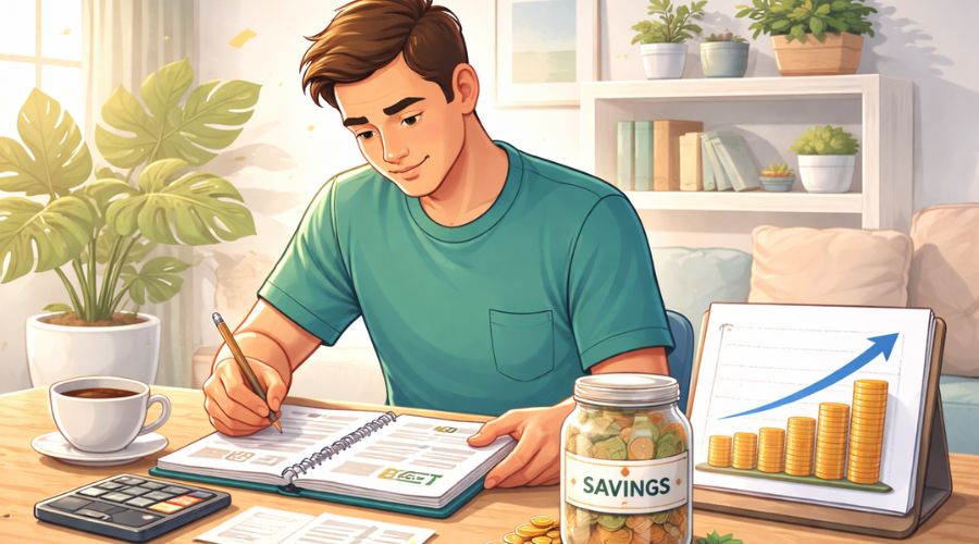 Person planning future finances with stable budget and savings