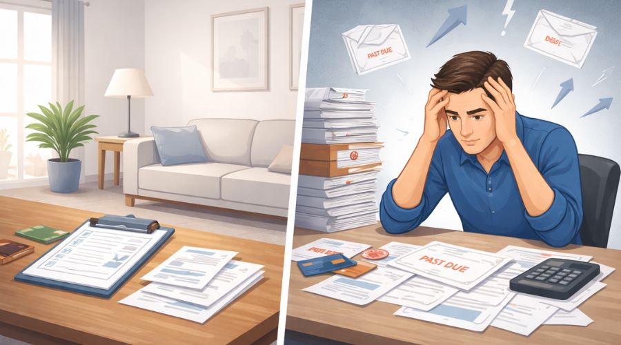 Illustration showing stable household budget on one side and financial stress on the other