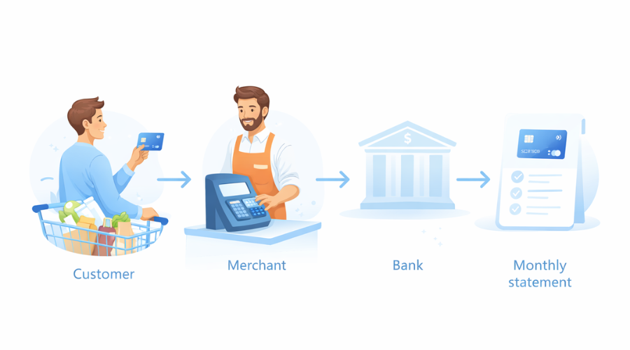 Infographic illustration showing how a credit card transaction works from customer to bank and monthly statement