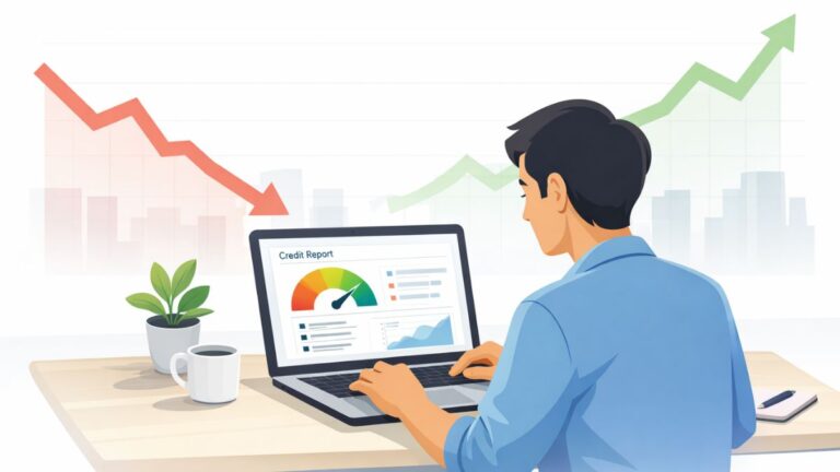 Person checking credit report and credit score on laptop