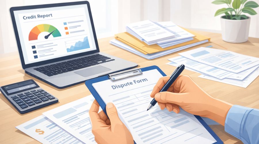 Person submitting credit report dispute with financial documents