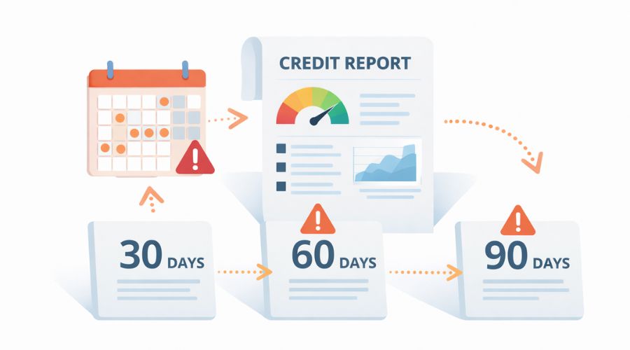 Stages of late payment reporting from 30 to 90 days on credit report