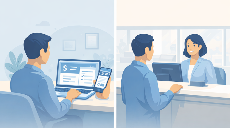 Opening a checking account online vs in person at a bank branch