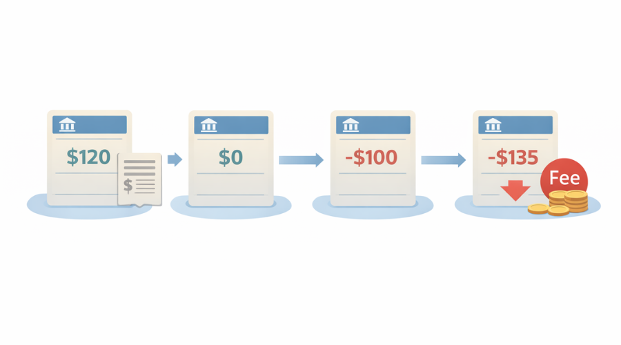 Timeline showing account balance dropping after bill payment and overdraft fee added