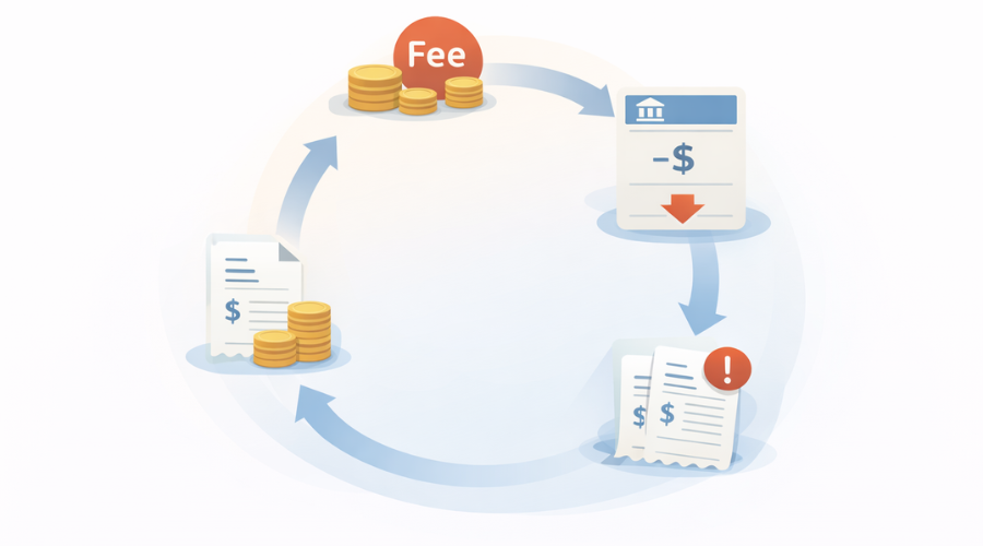 Cycle showing overdraft fees reducing budget and leading to repeated financial shortfalls