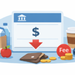 Overdraft fees illustration showing checking account balance going negative after everyday purchases