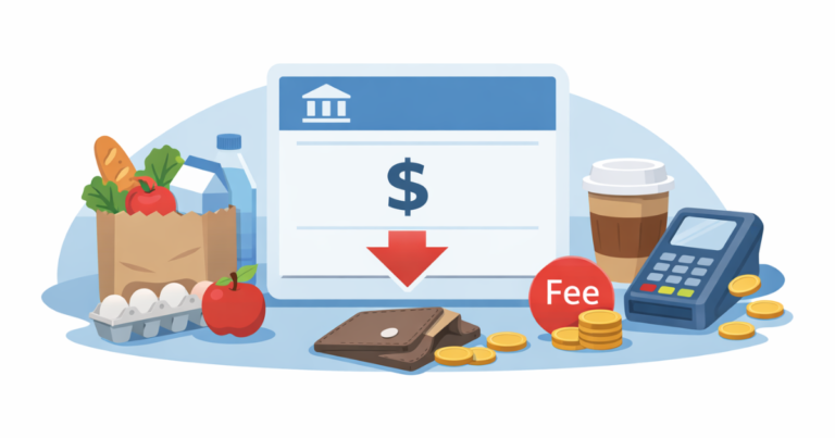 Overdraft fees illustration showing checking account balance going negative after everyday purchases