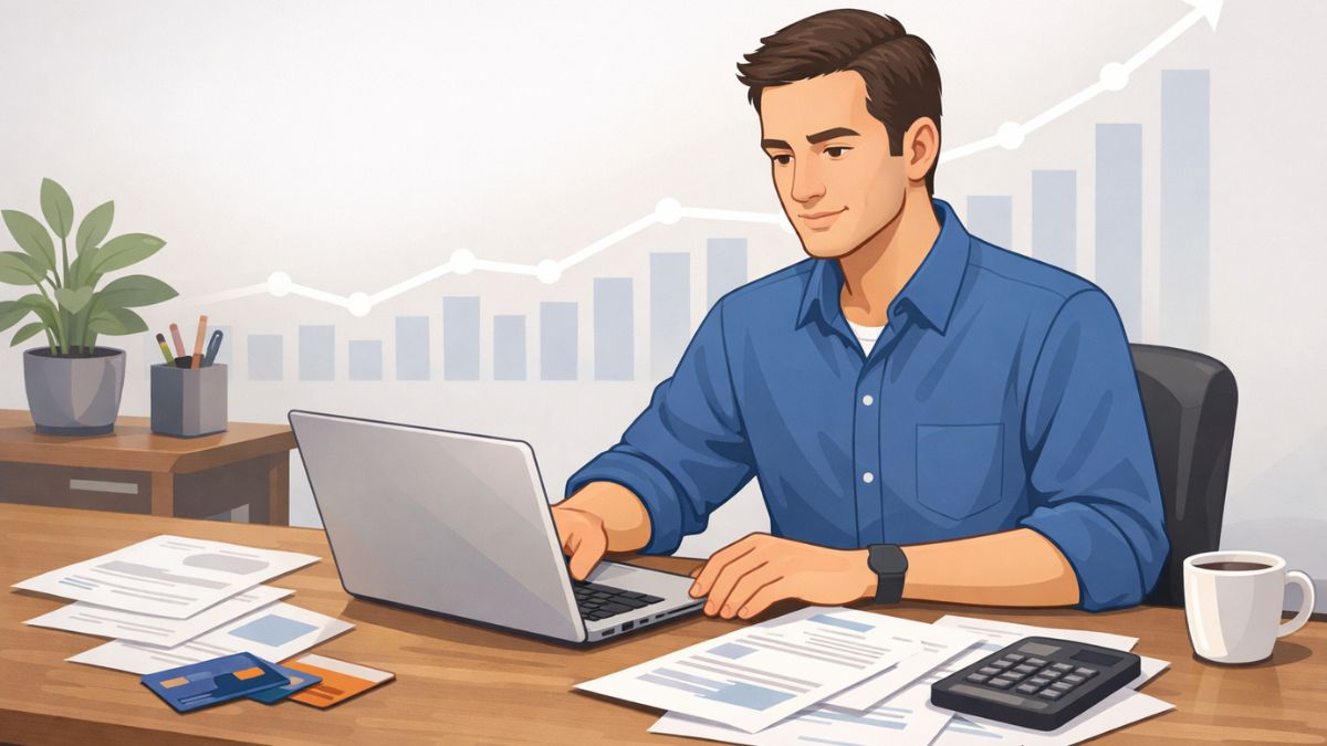 Person reviewing credit card bills and planning to pay off credit card debt faster in the U.S.