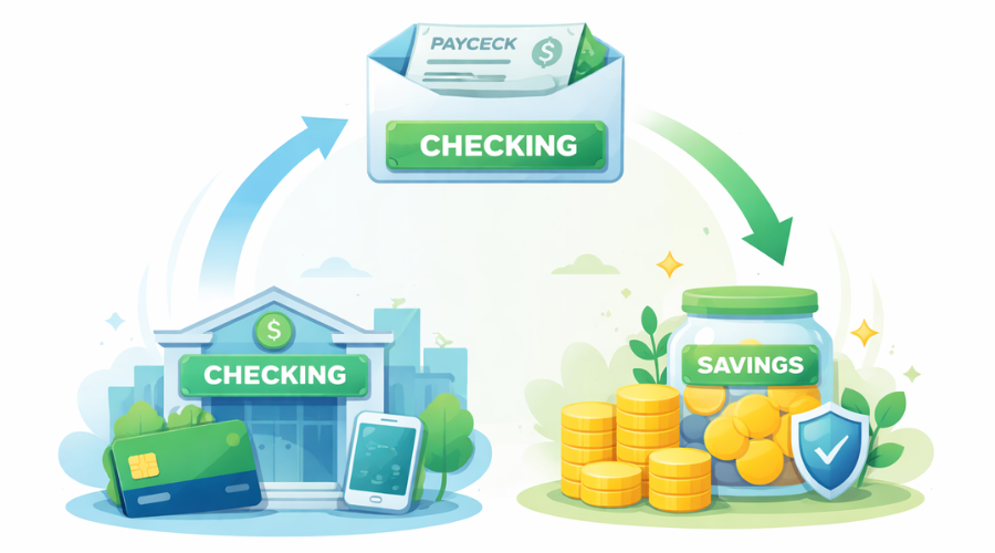 How paycheck moves from checking to savings for budgeting and emergency fund