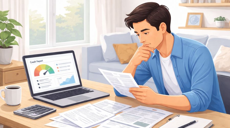 Person reviewing bills and credit report at home