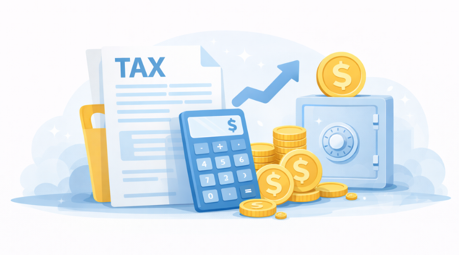 Illustration representing taxes and interest earned from savings accounts