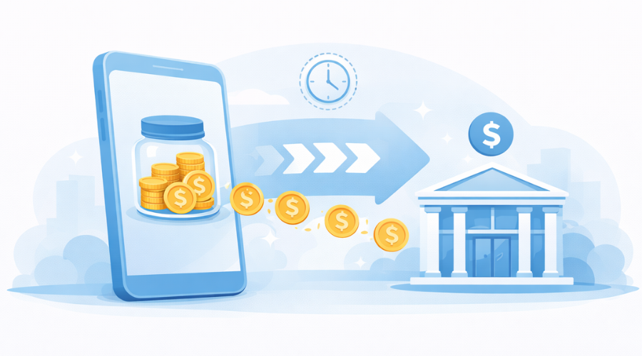 Illustration showing transfer from savings to checking with processing delay