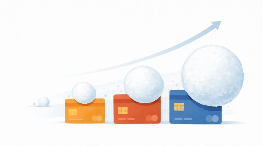 Illustration showing smallest credit card balance paid off first using snowball method