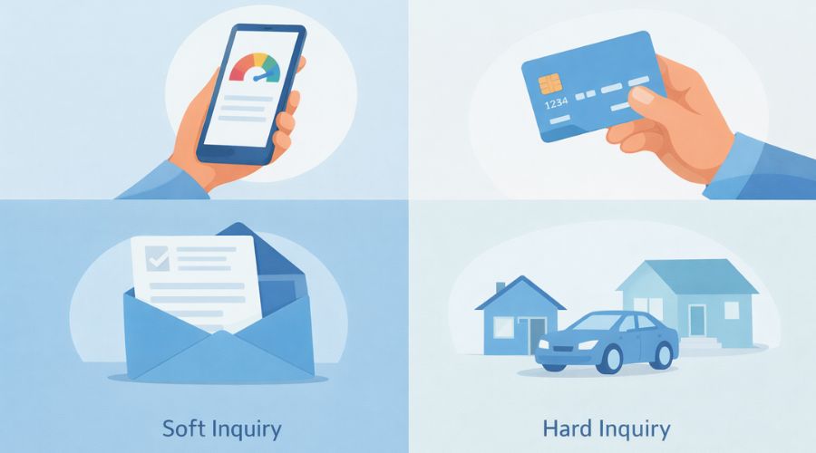 Graphic showing examples of soft and hard credit inquiries