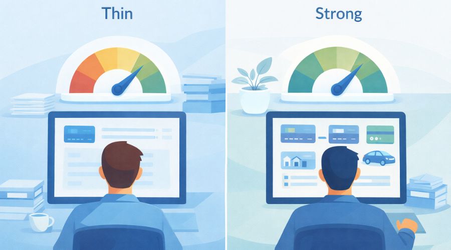 Comparison of thin and strong credit profiles and inquiry impact