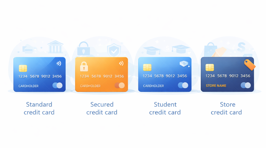 Illustration showing different types of credit cards in the United States including standard, secured, student, and store cards