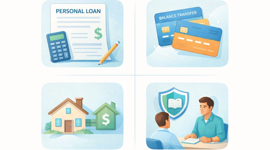 Visual showing personal loan, balance transfer card, home equity, and credit counseling options