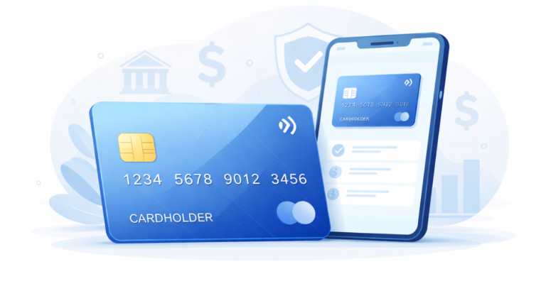 Illustration showing a modern credit card and smartphone representing how credit cards work in the United States